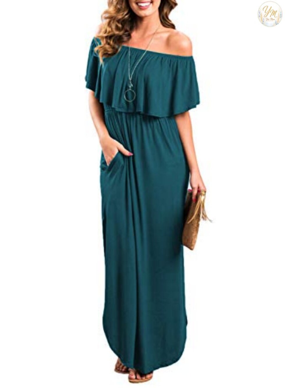 Off Shoulder Ruffle Maxi Dress with Pockets & Side Slit